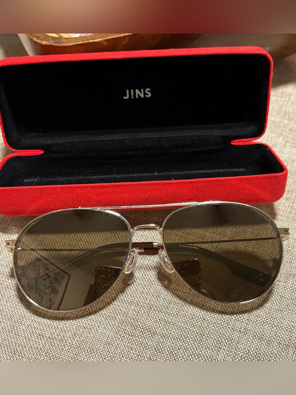 JINS Double-Bridge Aviator Sunglasses – Tinted Lenses with Original Case